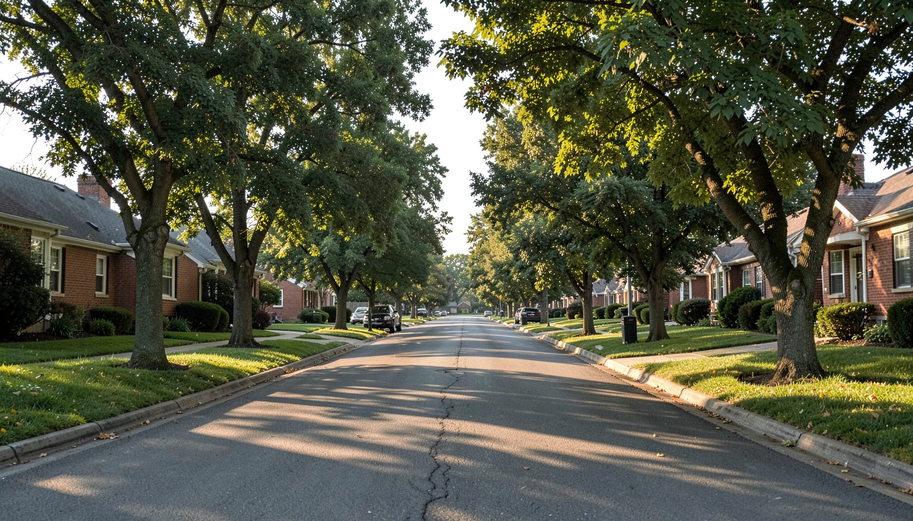 A quiet suburban street in Elgin, Illinois, with mature trees and soft afternoon light casting long shadows across the pavement, evoking a calm residential neighborhood