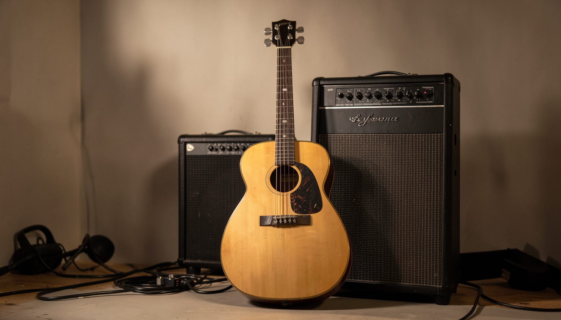 Acoustic guitar leaning against a bass amp in a softly lit studio room, with warm neutral tones and gentle shadows