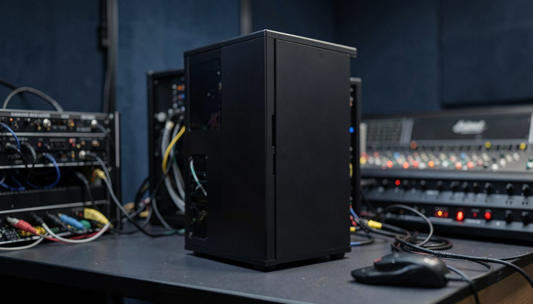 A custom-built PC tower with a clean black case, positioned beside studio rack gear, cables neatly managed, in a softly lit control room with navy and charcoal tones