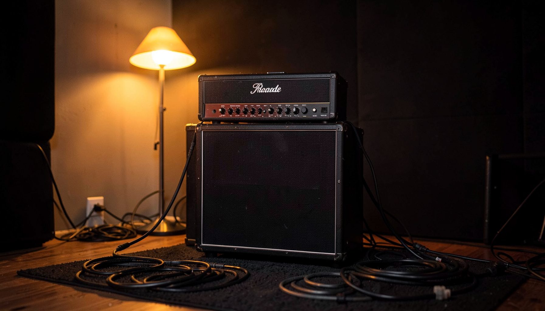 A guitar amplifier stack with a Marshall head and cabinet in a softly lit studio live room, cables coiled nearby on a dark rug, warm amber glow from a single lamp