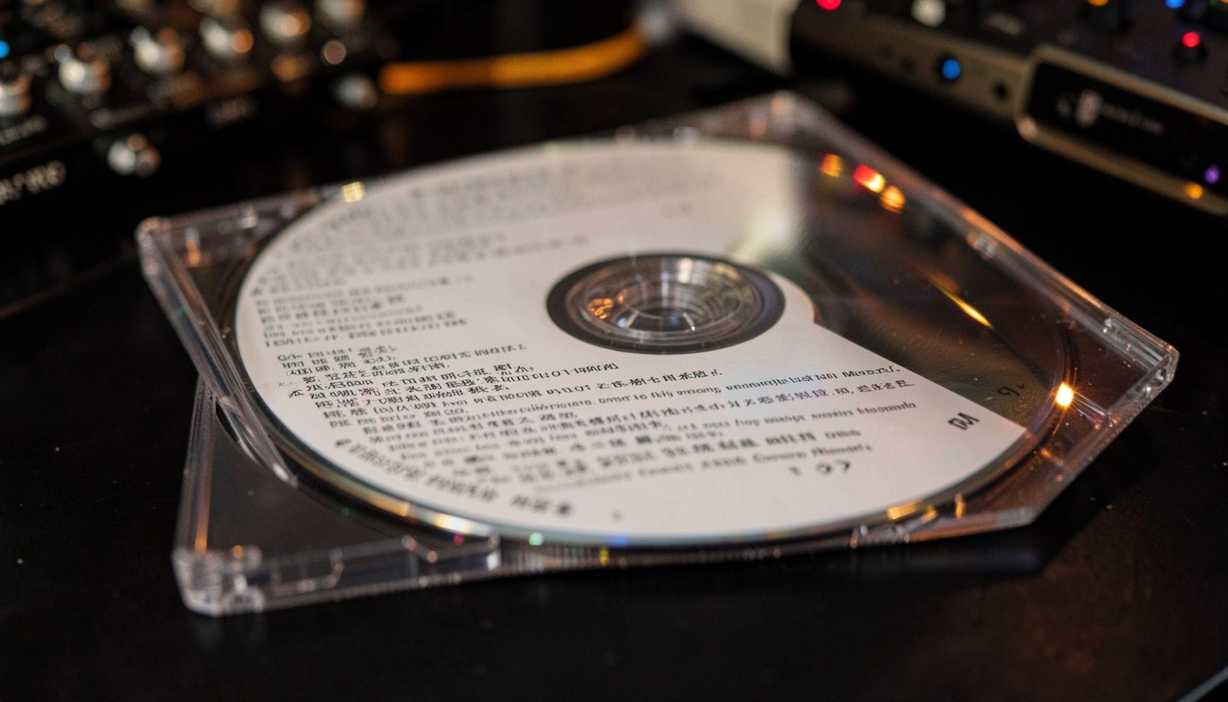 Close-up of a CD jewel case and printed liner notes on a dark studio desk, subtle amber reflection from nearby gear