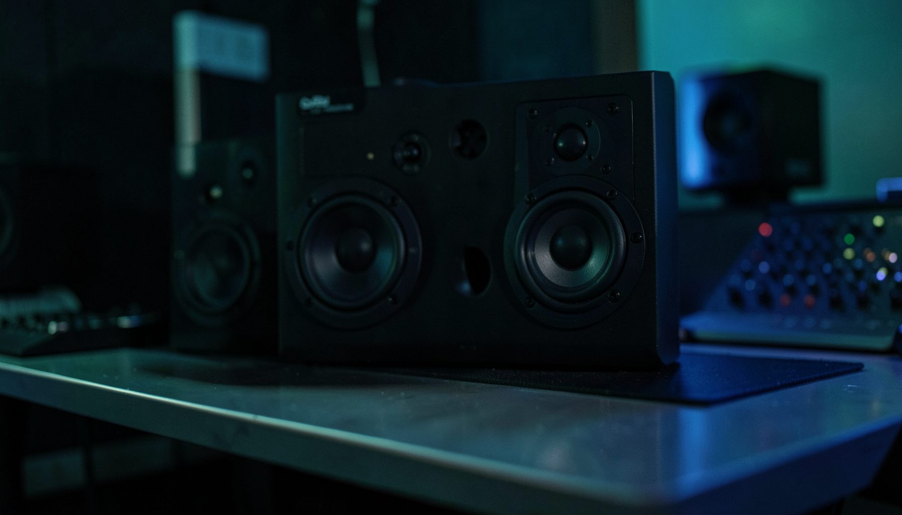 Close-up of studio monitor speakers in a dim control room, with soft teal and navy accent lighting reflecting off the desk surface