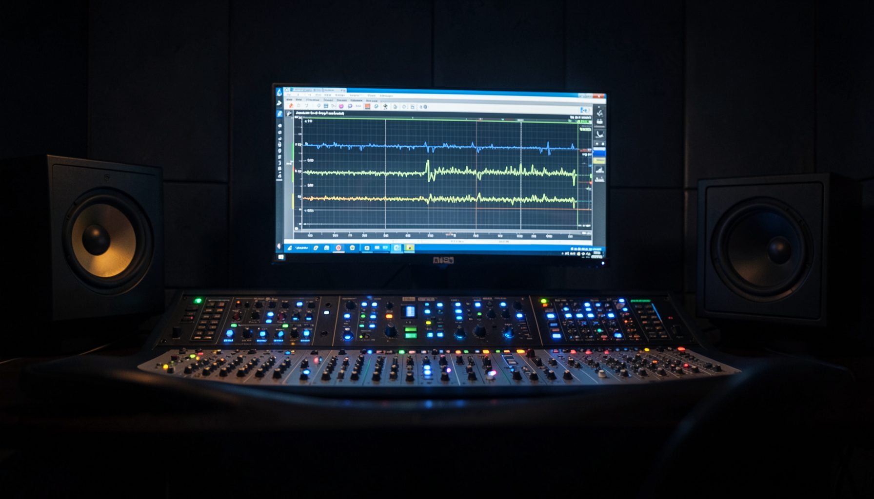 A dimly lit recording studio control room with a large computer monitor displaying multi-track audio waveforms, rack-mounted DSP gear glowing with subtle blue indicator lights, and studio monitor speakers flanking the desk — deep navy and charcoal tones with warm amber accents