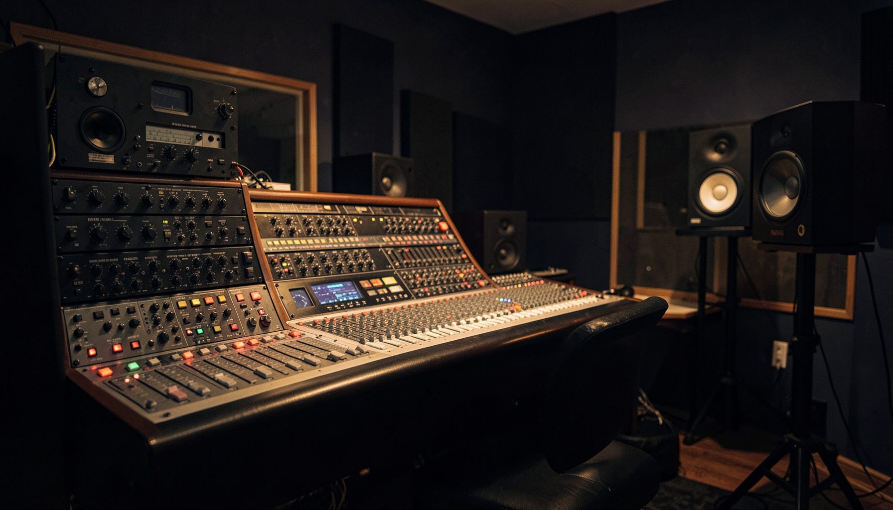 A dimly lit recording studio control room with rack-mounted outboard gear, a mixing console, and studio monitors on stands, bathed in warm amber and deep navy tones