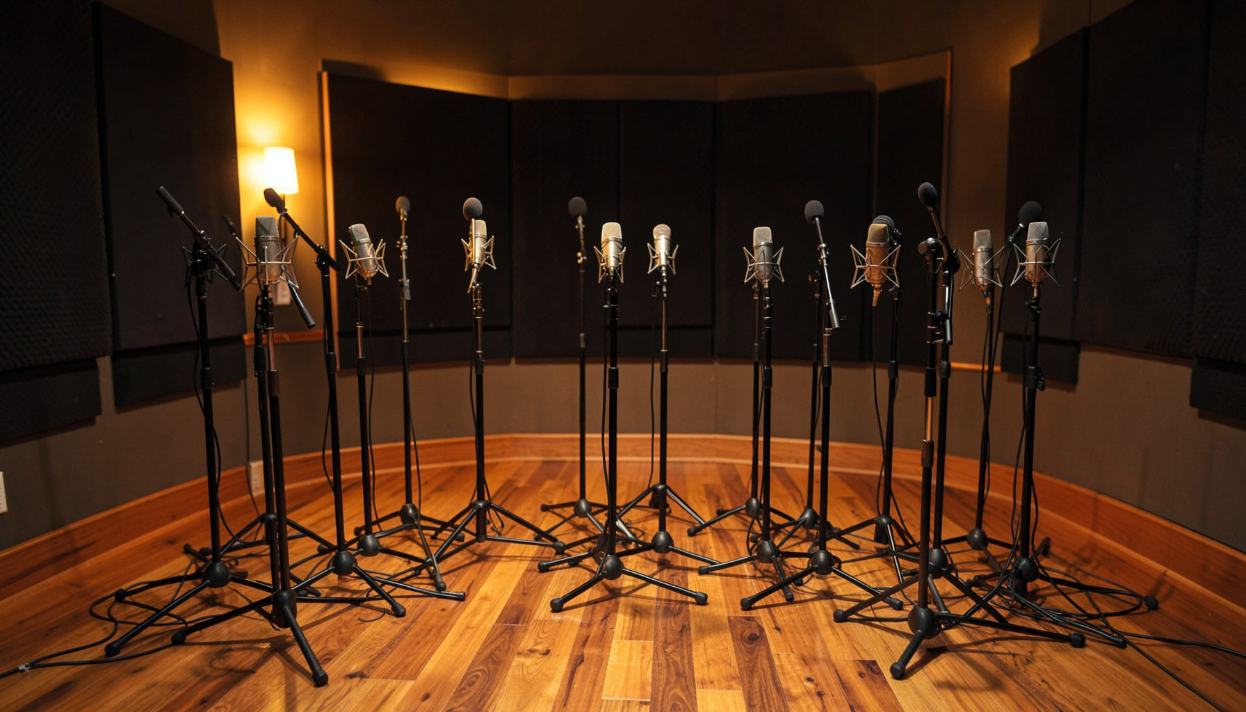 A collection of studio microphones on stands arranged in a semi-circle in a treated recording room, with warm wood floors and soft amber accent lighting against dark acoustic panels