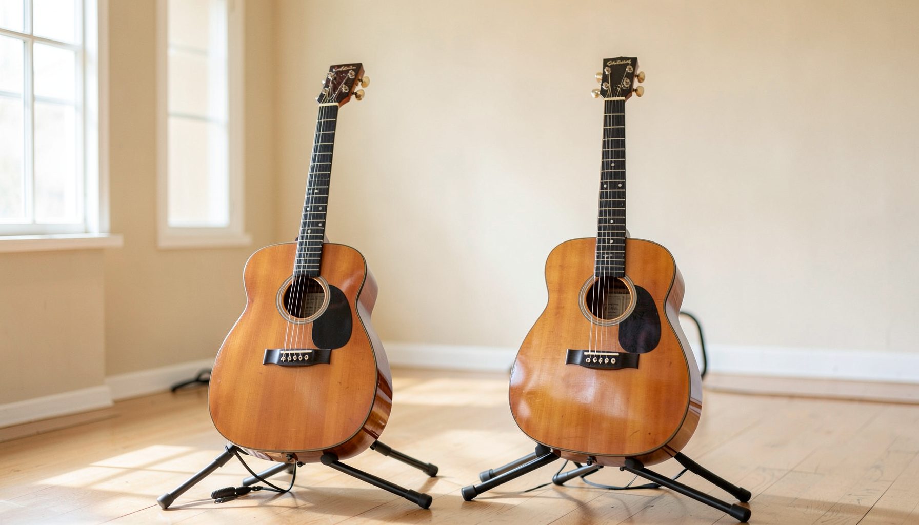 Two acoustic guitars resting on stands in a rehearsal space, bathed in soft natural window light with cream and beige walls